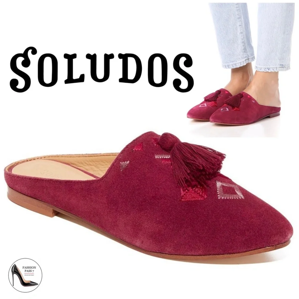 Soludos Palazzo Wine Red Suede Leather Tassel Mule Loafer Pointed Toe Flat Shoes - Picture 1 of 10